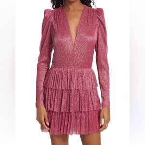 Revolve X Sabina Musayev‎ Carry Metallic Foil Ruffled Mini Dress Pink Size XL